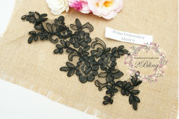 Bridal Lace Embroidery Motif 9, Black, 26x11 cm